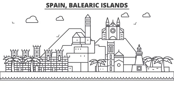 España, Baleares arquitectura línea skyline ilustración. Paisaje urbano vector lineal con monumentos famosos, lugares de interés de la ciudad, iconos de diseño. Paisaje con trazos editables — Vector de stock