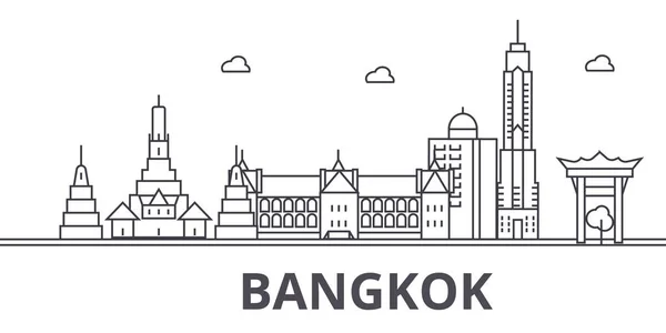 Bangkok architektura linie Panorama ilustrace. Lineární vektorové panoráma s slavných památek, pamětihodností města, ikony designu. Krajina s upravitelnou tahy — Stockový vektor