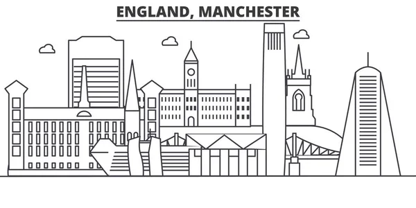 Inglaterra, Manchester arquitectura línea skyline ilustración. Paisaje urbano vector lineal con monumentos famosos, lugares de interés de la ciudad, iconos de diseño. Paisaje con trazos editables — Archivo Imágenes Vectoriales