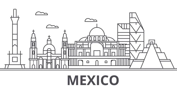 México arquitectura línea skyline ilustración. Paisaje urbano vector lineal con monumentos famosos, lugares de interés de la ciudad, iconos de diseño. Paisaje con trazos editables — Vector de stock