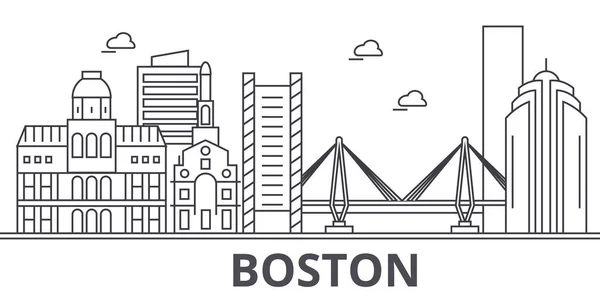 Ilustrasi bangunan pencakar langit Boston. Linear vector cityscape dengan landmark terkenal, pemandangan kota, ikon desain. Lansekap menggulung goresan yang dapat disunting - Stok Vektor