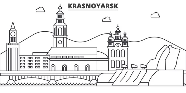 Rusko, Krasnojarsk architektura linie Panorama ilustrace. Lineární vektorové panoráma s slavných památek, pamětihodností města, ikony designu. Krajina s upravitelnou tahy — Stockový vektor