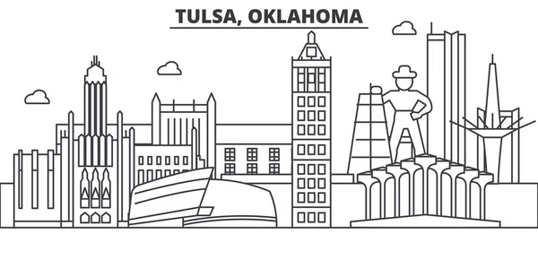 Tulsa, Oklahoma architettura linea skyline illustrazione. Paesaggio urbano vettoriale lineare con monumenti famosi, monumenti della città, icone del design. Tracce modificabili del paesaggio wtih — Vettoriale Stock