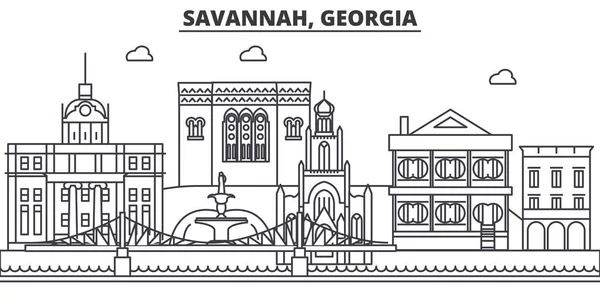 사바나, 조지아 건축 선 스카이 라인 일러스트입니다. 유명한 랜드마크, 시티 명소와 선형 벡터 풍경 디자인 아이콘. 편집 가능한 선 프리 — 스톡 벡터