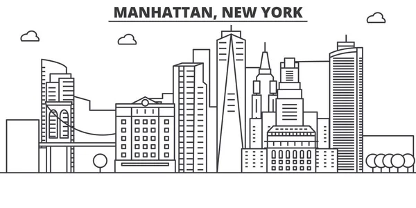 Manhattan, Nueva York línea de arquitectura skyline ilustración. Paisaje urbano vector lineal con monumentos famosos, lugares de interés de la ciudad, iconos de diseño. Paisaje con trazos editables — Vector de stock