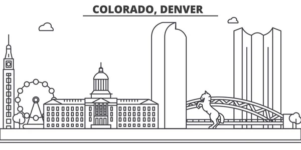 Colorado, Denver építészet vonal városkép illusztráció. Lineáris vektor városkép híres tereptárgyak, a város nevezetességeit, a design ikonok. Szerkeszthető vonásokkal táj — Stock Vector