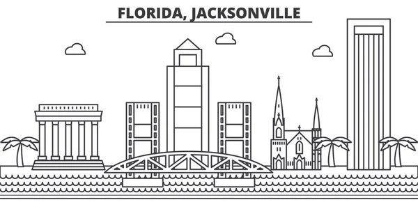 Florida, jacksonville architektur line skyline illustration. Linearer Vektor Stadtbild mit berühmten Wahrzeichen, Sehenswürdigkeiten, Design-Ikonen. Landschaft mit editierbaren Strichen — Stockvektor