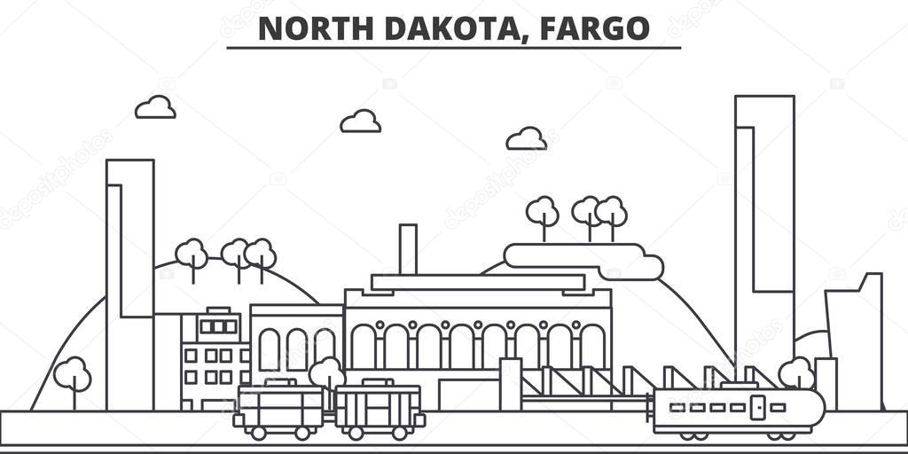 North Dakota, Fargo architecture line skyline illustration. Linear vector cityscape with famous landmarks, city sights, design icons. Landscape wtih editable strokes