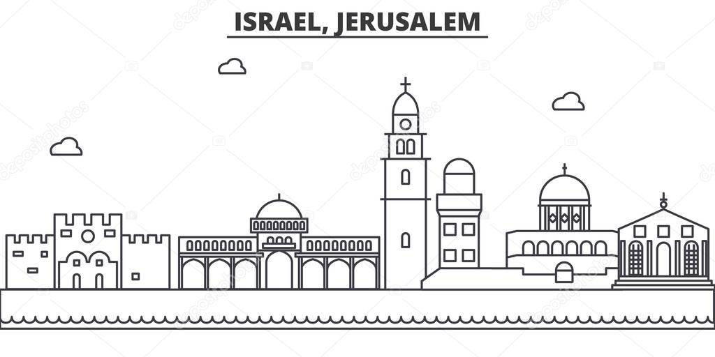 Israel, Jerusalem architecture line skyline illustration. Linear vector cityscape with famous landmarks, city sights, design icons. Landscape wtih editable strokes