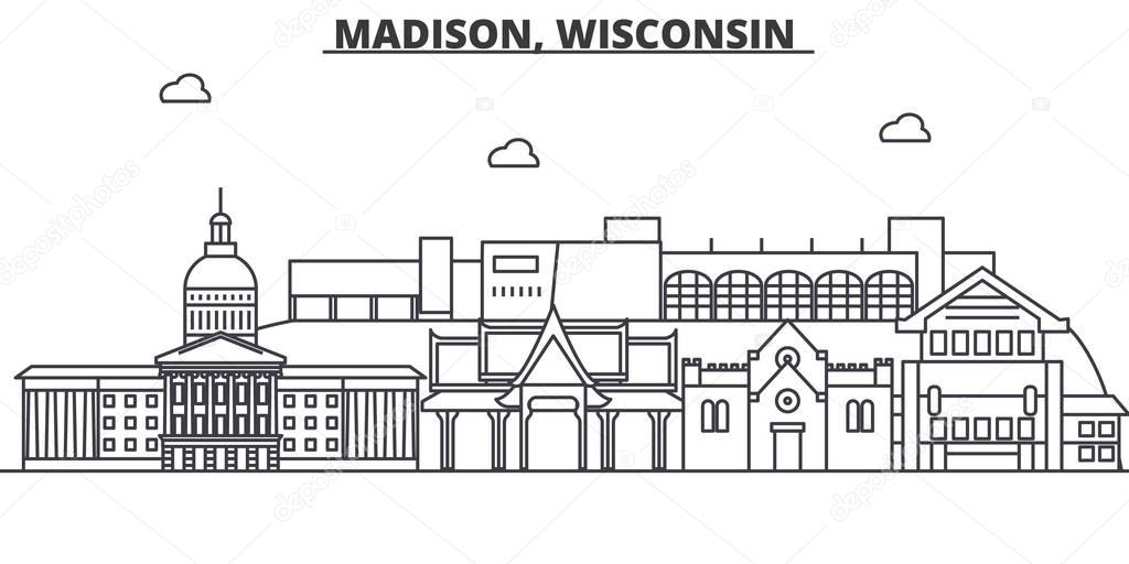 Madison, Wisconsin architecture line skyline illustration. Linear vector cityscape with famous landmarks, city sights, design icons. Landscape wtih editable strokes