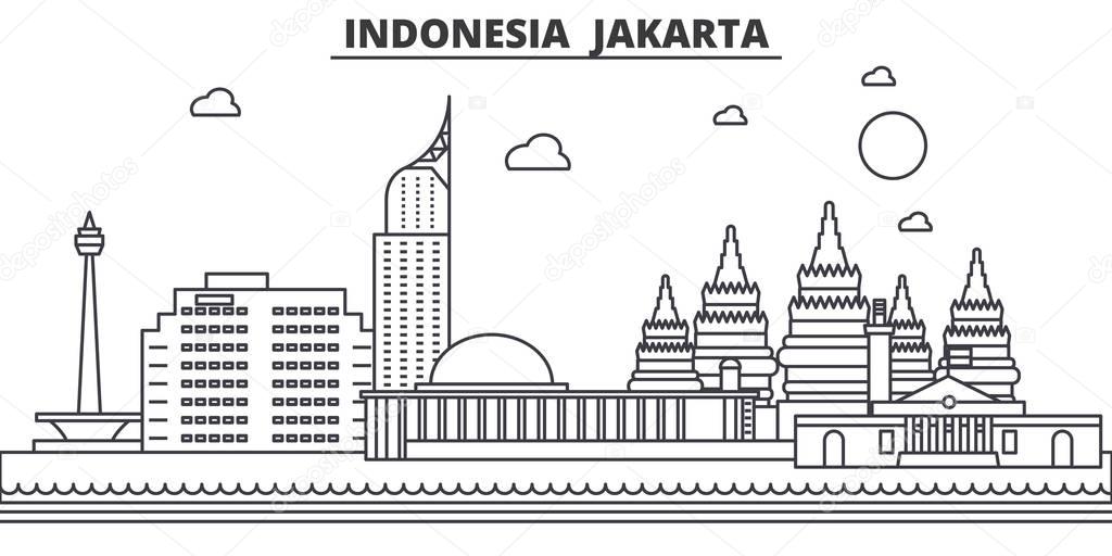 Indonesia, Jakarta architecture line skyline illustration. Linear vector cityscape with famous landmarks, city sights, design icons. Landscape wtih editable strokes