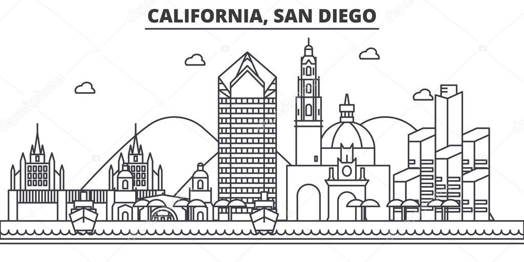 California San Diego architecture line skyline illustration. Linear vector cityscape with famous landmarks, city sights, design icons. Landscape wtih editable strokes