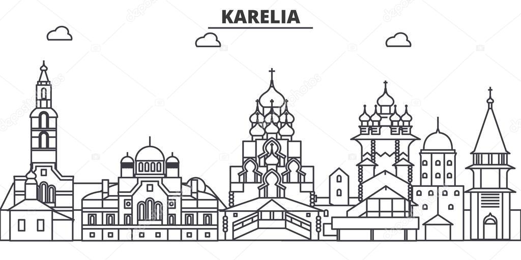 Russia, Karelia architecture line skyline illustration. Linear vector cityscape with famous landmarks, city sights, design icons. Landscape wtih editable strokes