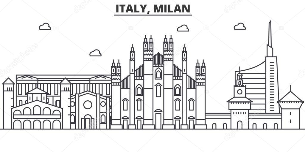 Italy, Milan architecture line skyline illustration. Linear vector cityscape with famous landmarks, city sights, design icons. Landscape wtih editable strokes