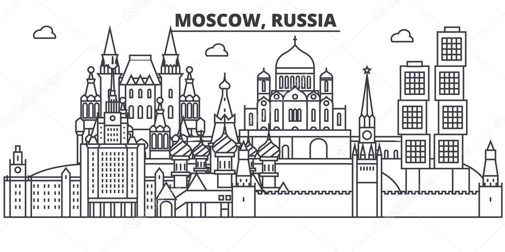 Russia, Moscow architecture line skyline illustration. Linear vector cityscape with famous landmarks, city sights, design icons. Landscape wtih editable strokes