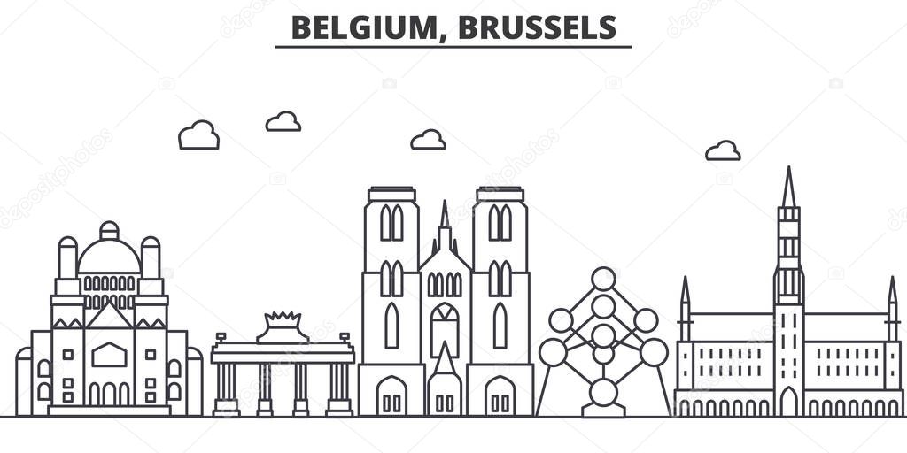 Belgium, Brussels architecture line skyline illustration. Linear vector cityscape with famous landmarks, city sights, design icons. Landscape wtih editable strokes