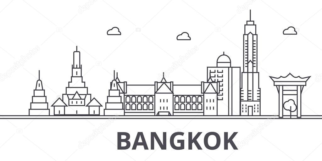 Bangkok architecture line skyline illustration. Linear vector cityscape with famous landmarks, city sights, design icons. Landscape wtih editable strokes