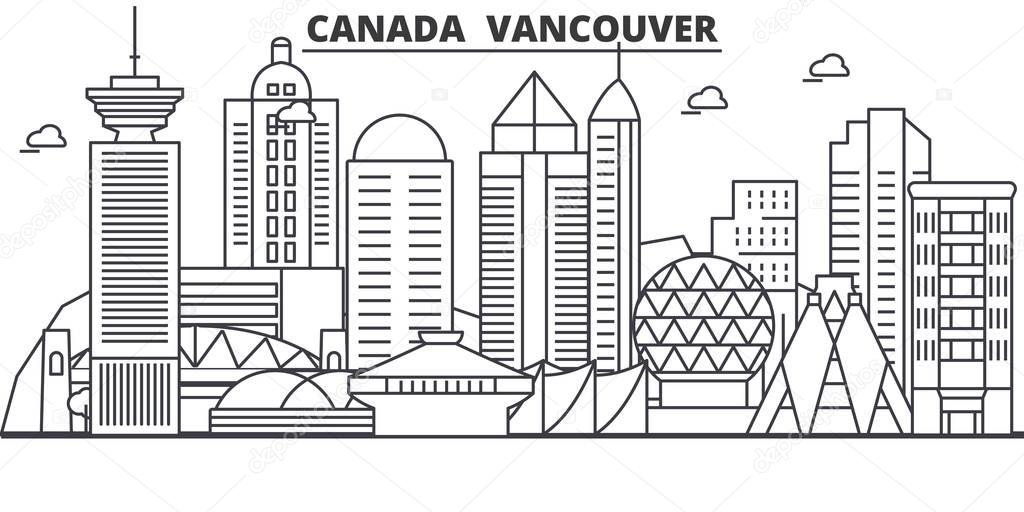 Canada, Vancouver architecture line skyline illustration. Linear vector cityscape with famous landmarks, city sights, design icons. Landscape wtih editable strokes