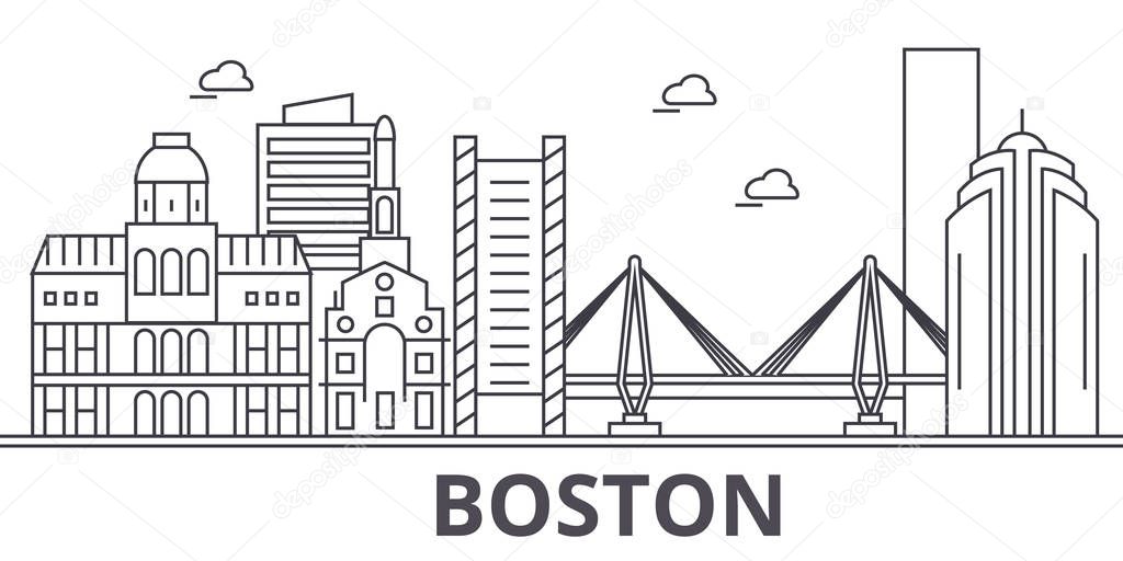 Boston architecture line skyline illustration. Linear vector cityscape with famous landmarks, city sights, design icons. Landscape wtih editable strokes