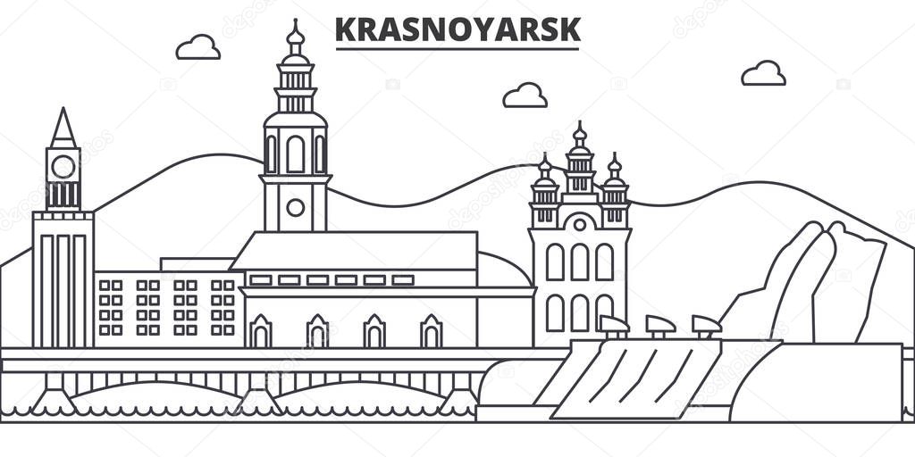 Russia, Krasnoyarsk architecture line skyline illustration. Linear vector cityscape with famous landmarks, city sights, design icons. Landscape wtih editable strokes