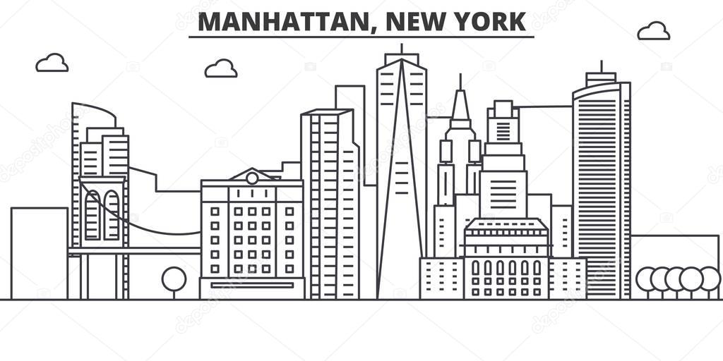 Manhattan, New York architecture line skyline illustration. Linear vector cityscape with famous landmarks, city sights, design icons. Landscape wtih editable strokes