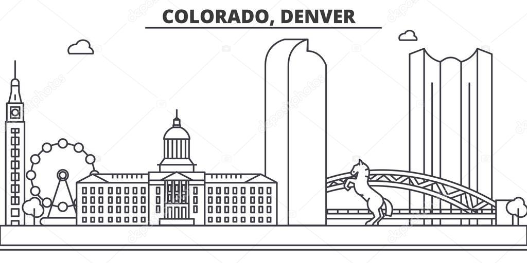 Colorado, Denver architecture line skyline illustration. Linear vector cityscape with famous landmarks, city sights, design icons. Landscape wtih editable strokes