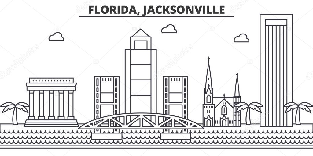 Florida, Jacksonville architecture line skyline illustration. Linear vector cityscape with famous landmarks, city sights, design icons. Landscape wtih editable strokes