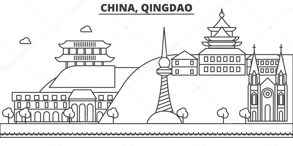 China, Qingdao architecture line skyline illustration. Linear vector cityscape with famous landmarks, city sights, design icons. Landscape wtih editable strokes