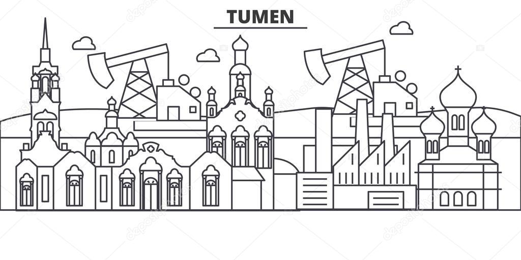 Russia, Tumen architecture line skyline illustration. Linear vector cityscape with famous landmarks, city sights, design icons. Landscape wtih editable strokes