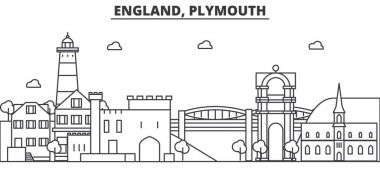 İngiltere, Plymouth mimari satır manzarası illüstrasyon. Doğrusal vektör cityscape ünlü simge, şehir manzaraları, tasarım simgeler. Düzenlenebilir darbeleri ile manzara