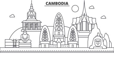 Kamboçya mimari satır manzarası illüstrasyon. Doğrusal vektör cityscape ünlü simge, şehir manzaraları, tasarım simgeler. Düzenlenebilir darbeleri ile manzara
