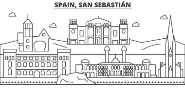 İspanya, San Sebastian mimari satır manzarası illüstrasyon. Doğrusal vektör cityscape ünlü simge, şehir manzaraları, tasarım simgeler. Düzenlenebilir darbeleri ile manzara