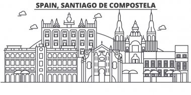 İspanya, Santiago De Compostela mimari satır manzarası illüstrasyon. Doğrusal vektör cityscape ünlü simge, şehir manzaraları, tasarım simgeler. Düzenlenebilir darbeleri ile manzara