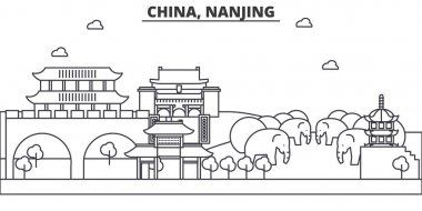 Çin, Nanjing mimari satır manzarası illüstrasyon. Doğrusal vektör cityscape ünlü simge, şehir manzaraları, tasarım simgeler. Düzenlenebilir darbeleri ile manzara