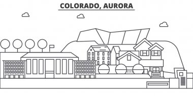 Colorado, Aurora mimari satır manzarası illüstrasyon. Doğrusal vektör cityscape ünlü simge, şehir manzaraları, tasarım simgeler. Düzenlenebilir darbeleri ile manzara