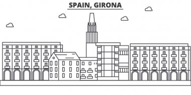 İspanya, Girona mimari satır manzarası illüstrasyon. Doğrusal vektör cityscape ünlü simge, şehir manzaraları, tasarım simgeler. Düzenlenebilir darbeleri ile manzara
