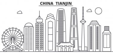 Çin, Tianjin mimari satır manzarası illüstrasyon. Doğrusal vektör cityscape ünlü simge, şehir manzaraları, tasarım simgeler. Düzenlenebilir darbeleri ile manzara