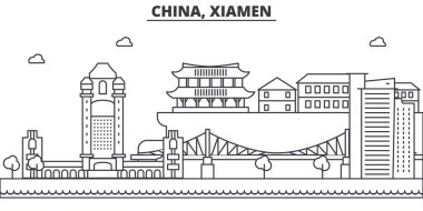 Çin, Xiamen mimari satır manzarası illüstrasyon. Doğrusal vektör cityscape ünlü simge, şehir manzaraları, tasarım simgeler. Düzenlenebilir darbeleri ile manzara