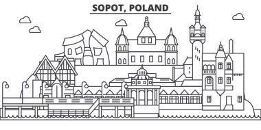 Polonya, Sopot mimari satır manzarası illüstrasyon. Doğrusal vektör cityscape ünlü simge, şehir manzaraları, tasarım simgeler. Düzenlenebilir darbeleri ile manzara