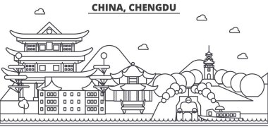 Çin, Chengdu mimari satır manzarası illüstrasyon. Doğrusal vektör cityscape ünlü simge, şehir manzaraları, tasarım simgeler. Düzenlenebilir darbeleri ile manzara