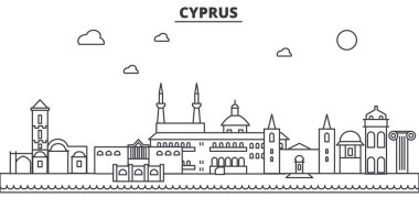 Kıbrıs mimarisi satır manzarası illüstrasyon. Doğrusal vektör cityscape ünlü simge, şehir manzaraları, tasarım simgeler. Düzenlenebilir darbeleri ile manzara