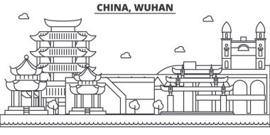 Çin, Wuhan mimari satır manzarası illüstrasyon. Doğrusal vektör cityscape ünlü simge, şehir manzaraları, tasarım simgeler. Düzenlenebilir darbeleri ile manzara