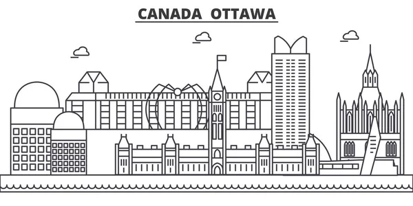 Kanada, Ottawa mimari satır manzarası illüstrasyon. Doğrusal vektör cityscape ünlü simge, şehir manzaraları, tasarım simgeler. Düzenlenebilir darbeleri ile manzara — Stok Vektör