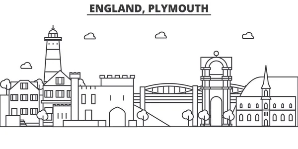 Inghilterra, Plymouth architettura linea skyline illustrazione. Paesaggio urbano vettoriale lineare con monumenti famosi, monumenti della città, icone del design. Tracce modificabili del paesaggio wtih — Vettoriale Stock