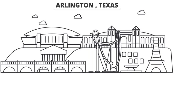 阿灵顿，得克萨斯州建筑线天际线图。线性向量的景观，如著名的地标，市内的旅游景点，设计图标。景观与可编辑笔触 — 图库矢量图片