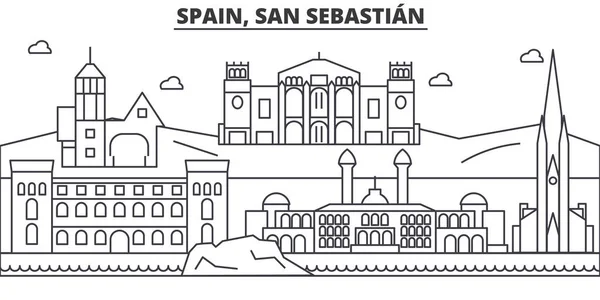 España, San Sebastián línea de arquitectura skyline ilustración. Paisaje urbano vector lineal con monumentos famosos, lugares de interés de la ciudad, iconos de diseño. Paisaje con trazos editables — Vector de stock