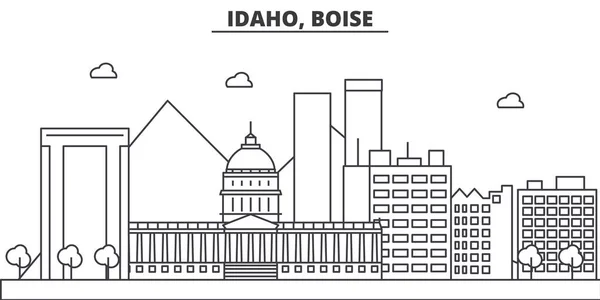 Idaho, línea de arquitectura de Boise skyline ilustración. Paisaje urbano vector lineal con monumentos famosos, lugares de interés de la ciudad, iconos de diseño. Paisaje con trazos editables — Vector de stock