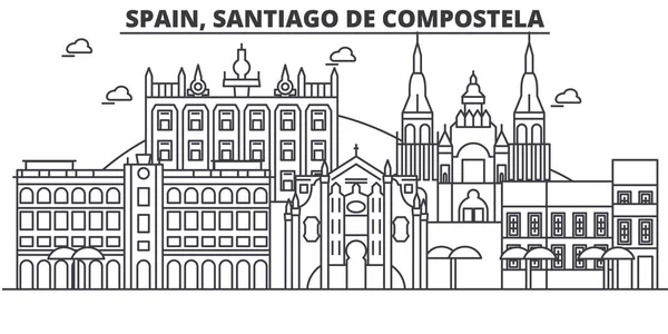 Ισπανία, Σαντιάγκο Ντε Κομποστέλα αρχιτεκτονική γραμμή ορίζοντα εικονογράφηση. Γραμμικά διανυσματικά Σίτισκεϊπ με διάσημα αξιοθέατα, αξιοθέατα της πόλης, σχεδιάσουν τα εικονίδια. Τοπίο με επεξεργάσιμο εγκεφαλικά επεισόδια — Διανυσματικό Αρχείο