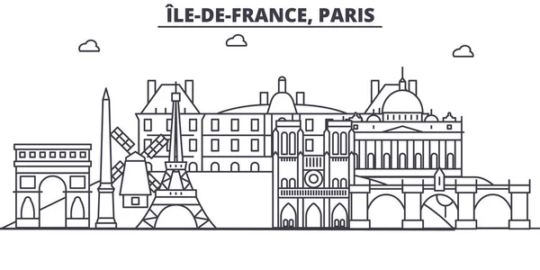 フランス、パリの建築線のスカイラインの図。有名なランドマーク、観光、デザイン アイコンと線形ベクトル街並み。編集可能なストロークのある風景します。 — ストックベクタ