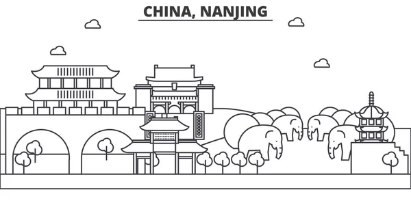 中国、南京建築線スカイラインの図。有名なランドマーク、観光、デザイン アイコンと線形ベクトル街並み。編集可能なストロークのある風景します。 — ストックベクタ